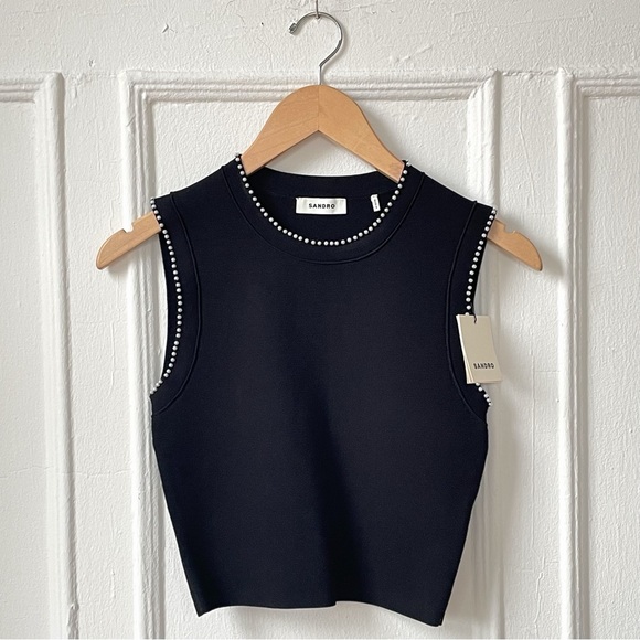 Sandro Knit Pearl Trim Crop Top Sleevles Jumper Small - Picture 1 of 7
